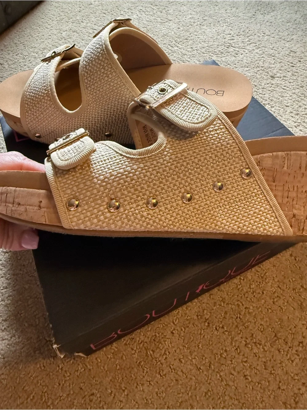 Cream Textured Wedge Sandal with Double Buckles